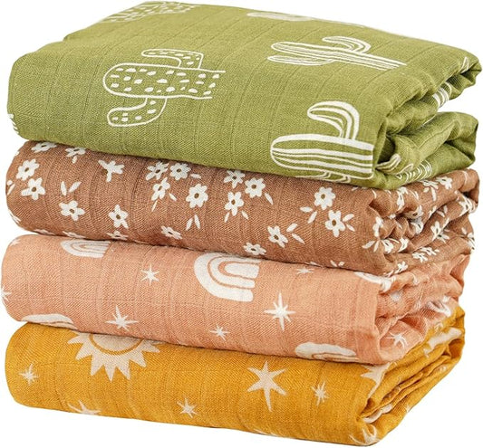 4 Set Muslin Swaddle Blankets for Newborn Baby Boys, Girls,Receiving Blankets-Cute Soft Print Baby Towel Wrap 120x110cm Baby(Cactus)