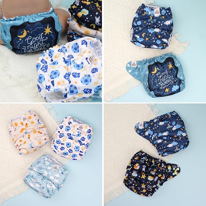 Mama Koala 3.0 Cloth Diapers for Babies with AWJ Lining, 6 Pack with 6 Natural Cloth Diaper Inserts - Reusable and Washable Pocket Diapers (Clear Night)