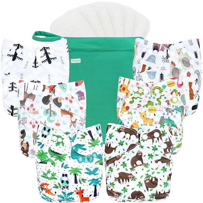wegreeco Cloth Diapers 6 Pack with 6 Inserts & 1 Wet Bag, Washable Cloth Diapers for Babies, One Size Adjustable Reusable (Forest, Animals)