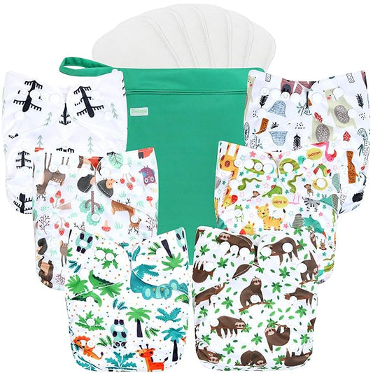 wegreeco Cloth Diapers 6 Pack with 6 Inserts & 1 Wet Bag, Washable Cloth Diapers for Babies, One Size Adjustable Reusable (Forest, Animals)