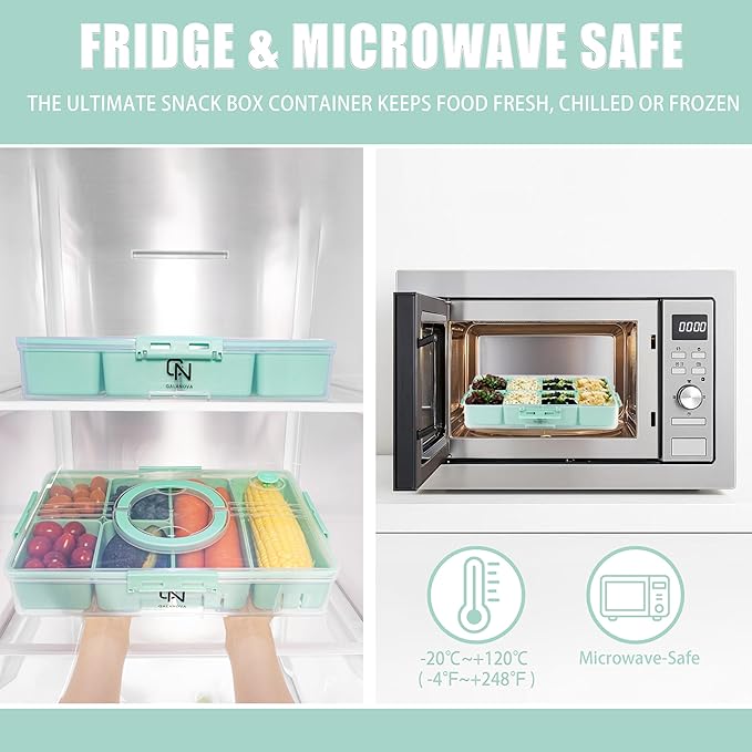 Stackable Snackle Box Container with 2 Lids, 14 Compartments - BPA-Free Snackle box Organizer, Dishwasher & Microwave Safe Reusable Snacklebox for Veggies, Fruits, Charcuterie, Snacks (Green, 2 Pack)