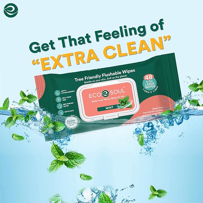 ECO SOUL Bamboo Flushable Wipes For Adult- Mint 192 Wipes |4 Pack of 48| Eco-Friendly Wipes| 99% Purified Water, Hypoallergenic, Soft Wipes, BPA & Paraben free