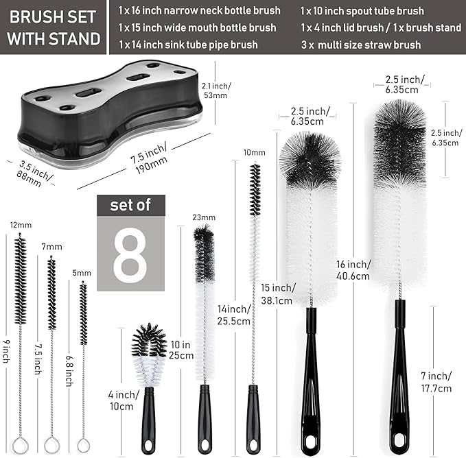 ALINK 8 Pack Black Bottle Brush Cleaning Set with Stand, Long Handle Bottle Cleaner with Holder for Narrow Neck Beer Wine Brewing Bottles, Stanley Water Bottles, Baby Bottles, Tumblers, Carafe, Straws