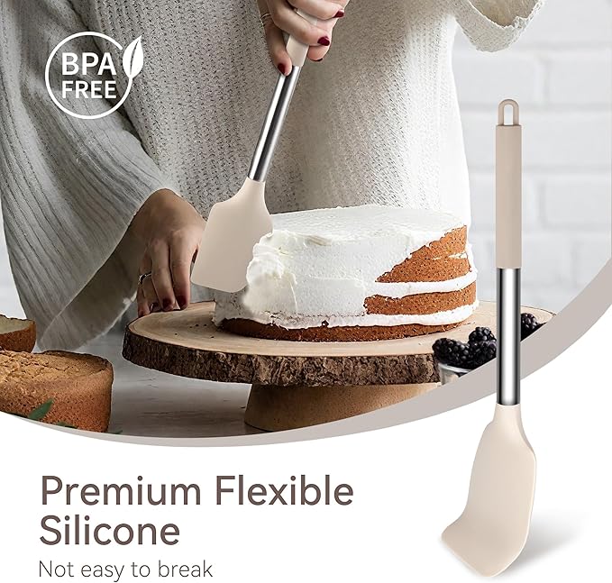 Kitchen Utensils Set, NCUE 28 Pcs Silicone Cooking Utensils Set with Holder, Spatula Set, Silicone Whisk, Scissors, Measuring Cups and Spoons Set with Stainless Steel Handle Kitchen Gadgets (Khaki)