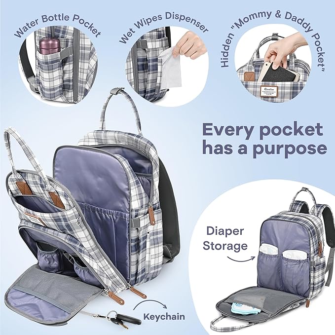 RUVALINO Diaper Bag Backpack, Multifunction Travel Pack Maternity Baby Changing Bags, Large Capacity, Waterproof, Blue Plaid