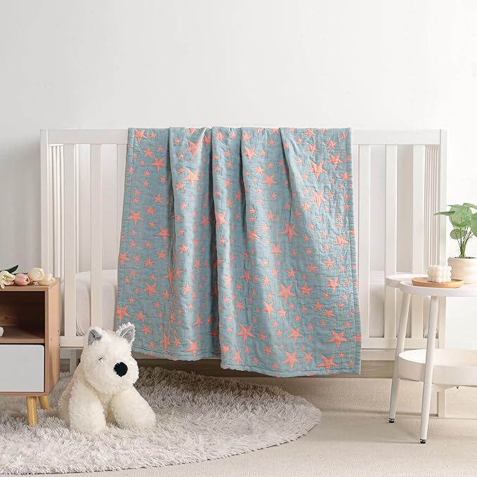 NTBAY 3 Layer Toddler Blanket, Muslin Cotton Jacquard Bed Blankets, Lightweight Thermal Baby Blanket, Super Soft and Warm Crib Blanket for All Seasons, Decoration Gift, 45"x60", Red and Blue Star