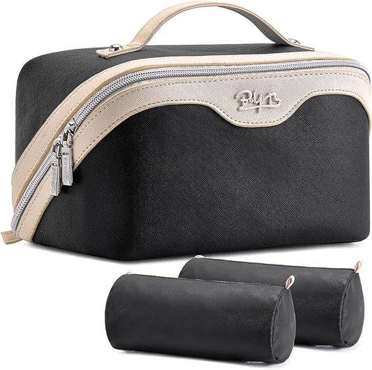 BOYATU Travel Makeup Bag Organizer Cosmetic Bag: 3 Pcs Set Make up Bags for Women with Handle - Waterproof Vegan Leather Toiletry Bags Travel Essentials Pouch with Compartments (A-01-Black)