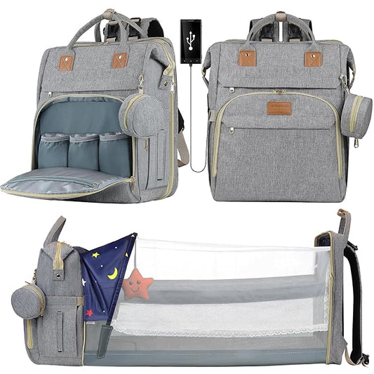Diaper Bag Backpack for Mom and Dad, Large Capacity Baby Travel Bag with USB Charging Port, Waterproof Foldable Baby Bag for Boys and Girls, Stylish Maternity Backpack for Travel & Hospital，Grey