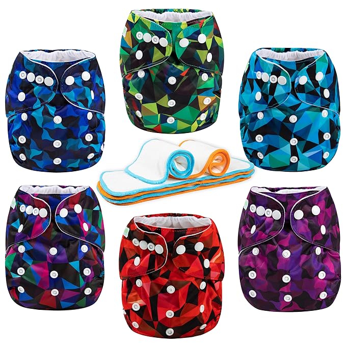 Wegreeco Cloth Diapers 6 Pack with Inserts & Wet Bag, Washable Reusable Diapers for Babies, One Size Adjustable (Abstract Geometrical)
