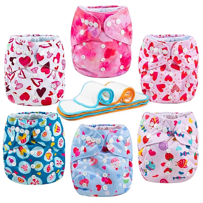 Wegreeco Cloth Diapers 6 Pack with Inserts & Wet Bag, Washable Reusable Diapers for Babies, One Size Adjustable (Colorful Summer)
