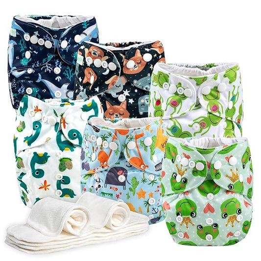 Wegreeco Cloth Diapers 6 Pack with Inserts, Washable Reusable Diapers for Babies, One Size Adjustable (Animals)