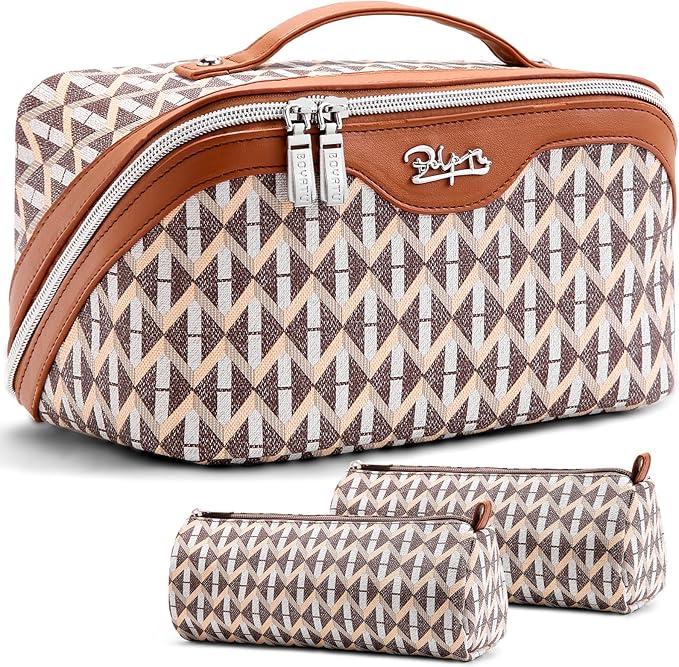 BOYATU Travel Makeup Bags for Women: Large Capacity Cosmetic Bag Set of 3 - Vegan Leather Make up Bags with Compartments - Wide Open Waterproof Toiletry Organizer Bag with Handle (B-05-Brown)