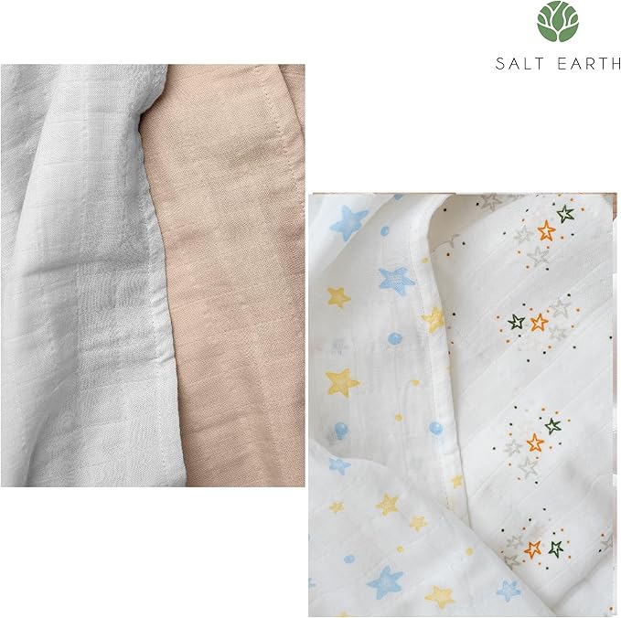 Salt Earth GOTS Certified 100% Organic Cotton 2-Layered Swaddle Baby Blanket, 4 Pack, 47"x 47" Receiving Blankets for Swaddling, Wrap for Boy & Girl, Newborn Baby Essentials, Registry (Solids & Stars)