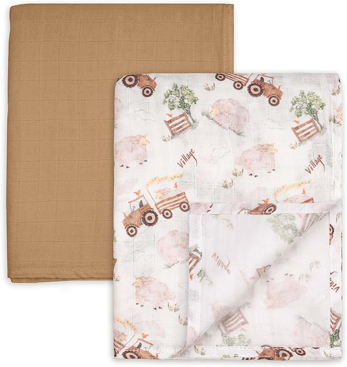 GLLQUEN BABY Muslin Swaddle Blankets Breathable Receiving Blankets (35" x 40") 2-Pack Soft Baby Blankets for Girls and Boys Newborn Essentials Muslin Burp Cloths Swaddle Wrap Baby Gift(Barn Prelude)