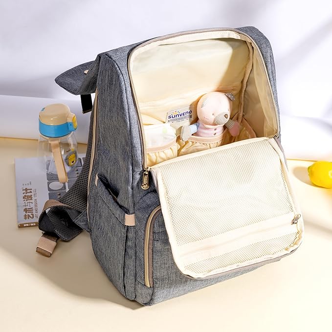 SUNVENO Diaper Bag Backpack - Large Capacity Baby-Bag with Changing Pad & Stroller Clips Diaper-Backpack Travel Essentials Nappy Bag Organizer for Baby Care with USB Charging Port, Grey