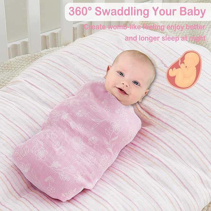 Viviland Muslin Swaddle Blankets, Swaddle Wrap for Boys and Girls, Breathable and Skin-Friendly Baby Receiving Blankets, Baby Essentials, 4-Pack Flowers & Heart, 47 x 47 inches