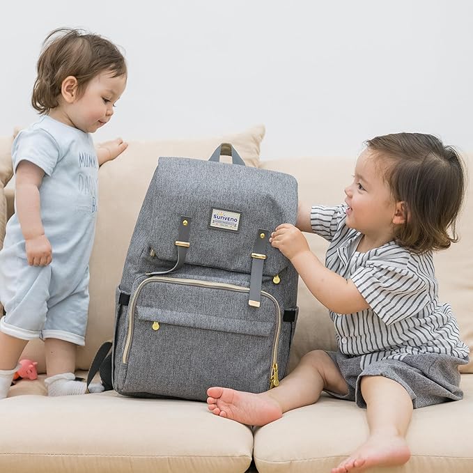 SUNVENO Diaper Bag Backpack - Large Capacity Baby-Bag with Changing Pad & Stroller Clips Diaper-Backpack Travel Essentials Nappy Bag Organizer for Baby Care with USB Charging Port, Grey
