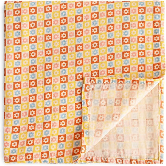 mushie Muslin Baby Swaddle Blanket | 100% Organic Cotton (Happy Flowers Check)
