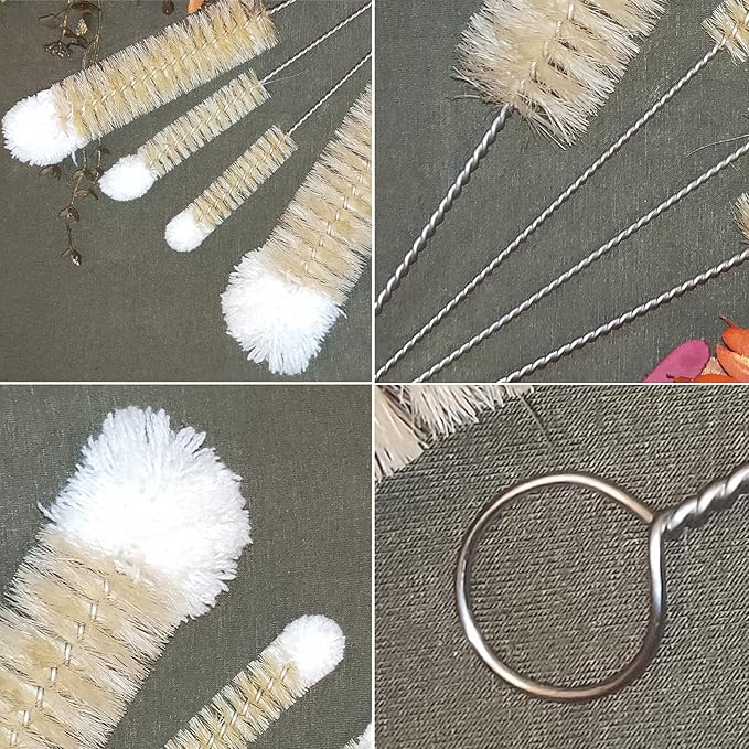 NewFerU Stainless Steel Soda Bottle Cleaning Brush Set in Natural Boar Bristle Wool Tip Long Handle, Flexible Bendable Thick Wire Cleaner for Narrow Neck Water Baby Bottles Straw Pipe Tube Flask (4)