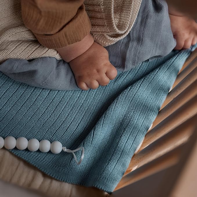 Knitted Organic Cotton Baby Blanket- Swaddle Blanket, 30" x 40" Soft Receiving Blanket for Newborn (Ribbed - Polar Blue)