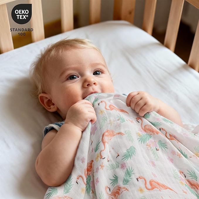 GLLQUEN BABY Muslin Swaddle Blankets 4-Pack Breathable Receiving Blankets (35" x 40") Soft Baby Blankets for Girls and Boys Newborn Essentials Muslin Burp Cloths Swaddle Wrap Baby Gift(Flamingo)