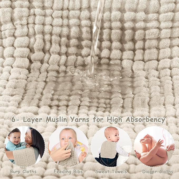 Looxii Muslin Burp Cloths 6 Pack - 20" x 10" - Ultra Soft & Absorbent, 6-Layer 100% Cotton for Spit Up & Drool- Gentle Neutral Burping Cloths, Baby Newborn Essentials Gifts for Boys Girls, Apricot