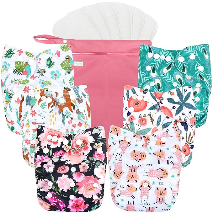 wegreeco Cloth Diapers 6 Pack with 6 Inserts & 1 Wet Bag, Washable Cloth Diapers for Babies, One Size Adjustable Reusable (Flower)