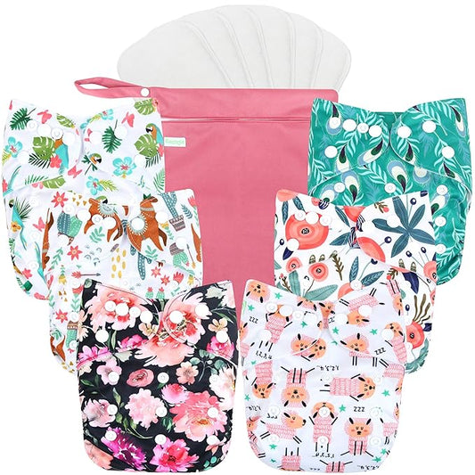 wegreeco Cloth Diapers 6 Pack with 6 Inserts & 1 Wet Bag, Washable Cloth Diapers for Babies, One Size Adjustable Reusable (Flower)