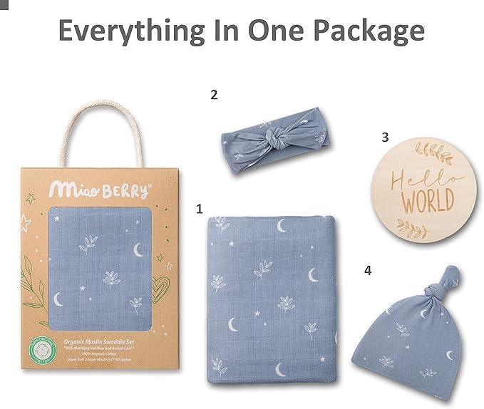 Miaoberry 100% Organic Muslin Swaddle Set w Matching Hat/Bow| Moon Leaves in Haze Blue| Hospital Home-Coming Baby Announcement Blanket Gender Neutral for Boy n Girl