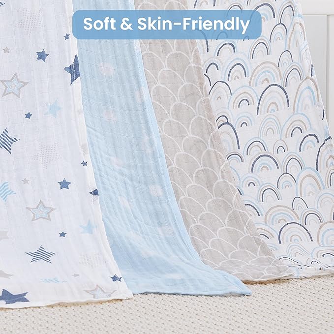 Softan Muslin Swaddle Blankets for Baby Girl & Boy, 47X47In Receiving Blankets for Newborn, Swaddle Blanket Set Soft Silky & Breathable,Blue Rainbow and Five-Pointed Star, 4 Pack