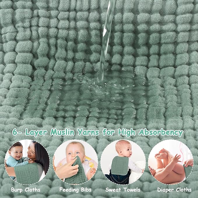 Looxii Muslin Burp Cloths 6 Pack - 20" x 10" - Ultra Soft & Absorbent, 6-Layer 100% Cotton for Spit Up & Drool- Gentle Baby Burping Cloth, Newborn Boys Girls Essentials, Dark Green