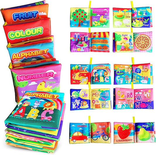 Soft Cloth Baby Book Toy 0-6 Months, Baby Learning Book(ABC-Z,1-10,Colour,Fruit,4 Pack),Touch and Feel Crinkle Infants 6-18 Months,Early Educational Toy 0-3, Gift for Babies Infants