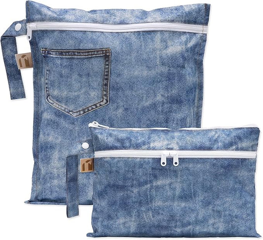 Bumkins Roamio Waterproof Wet Bag & Wet/Dry Clutch Set, Reusable Travel Organizers for Swim, Beach, Gym, Baby Gear, Cloth Diapers, Pump Parts, Pool, Toiletries, Machine Washable, Faux Denim 2-Pack