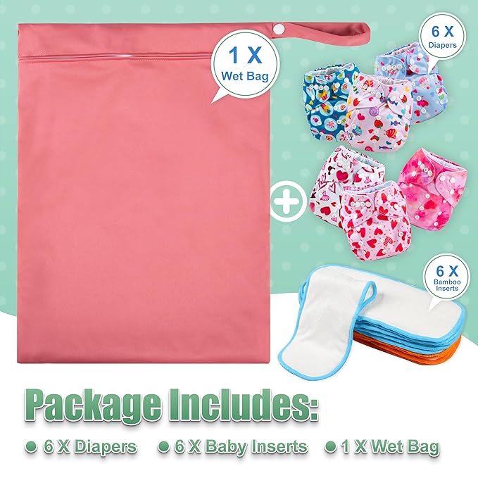 Wegreeco Cloth Diapers 6 Pack with Inserts & Wet Bag, Washable Reusable Diapers for Babies, One Size Adjustable (Colorful Summer)