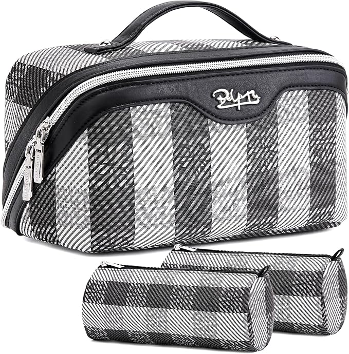 BOYATU Travel Makeup Bag Organizer Cosmetic Bag: 3 Pcs Set Make up Bags for Women with Handle - Waterproof Vegan Leather Toiletry Bags Travel Essentials Pouch with Compartments (F-01-Black)