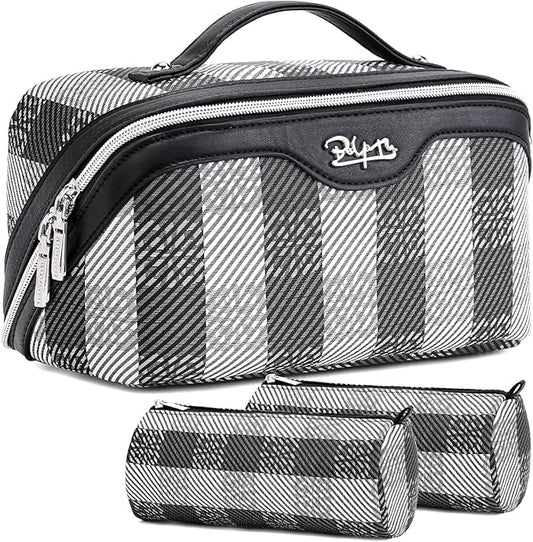 BOYATU Travel Makeup Bag Organizer Cosmetic Bag: 3 Pcs Set Make up Bags for Women with Handle - Waterproof Vegan Leather Toiletry Bags Travel Essentials Pouch with Compartments (F-01-Black)