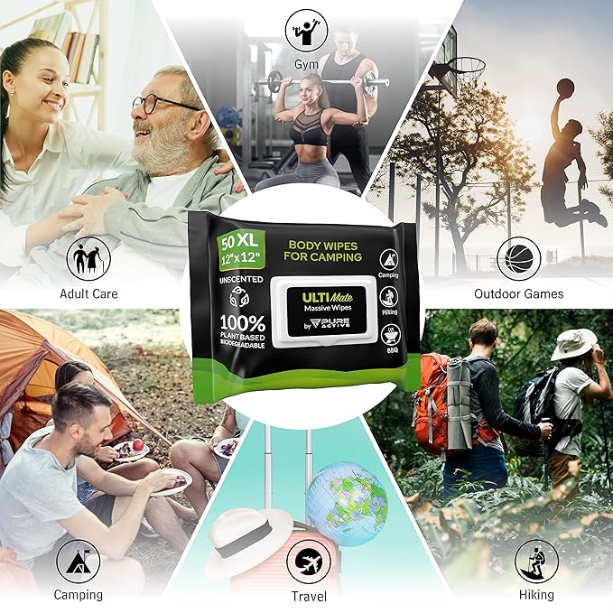 Body Wipes for Camping 50 XXL Camping Wipes 12''x 12'', Shower Body Wipes for Camping, Body and Face Wipes, Biodegradable Personal Hygiene Body Cleansing Wipes for Women Men Kids Elderly Travel