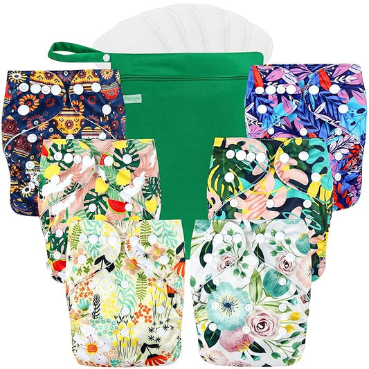 wegreeco Cloth Diapers 6 Pack with 6 Inserts & 1 Wet Bag, Washable Cloth Diapers for Babies, One Size Adjustable Reusable (Love, Flowers)