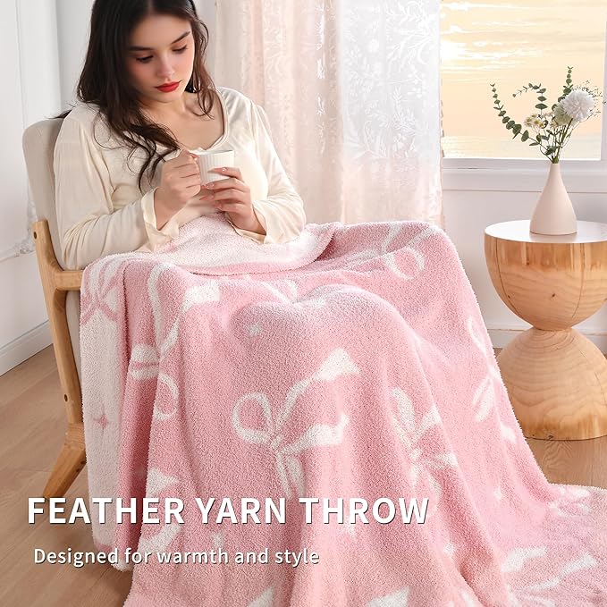 JOOJA Pink Bow Throw, Soft Coquette Aesthetic Blanket with Bows, Preppy Room Decor, 50" x 60"