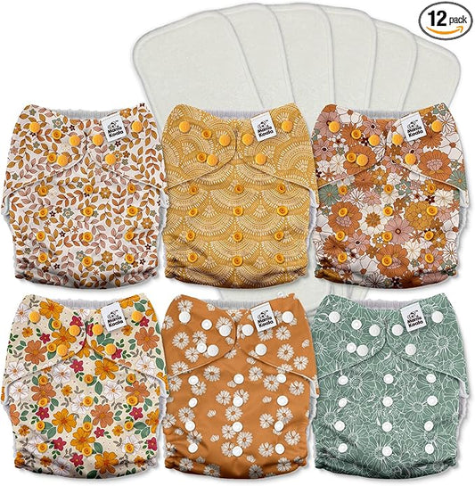 Mama Koala 3.0 Pocket Cloth Diapers for Babies with AWJ Lining, 6 Pack with 6 5-Layer Natural Cloth Diaper Inserts - Reusable and Washable Pocket Diapers(A-Little Daisies)