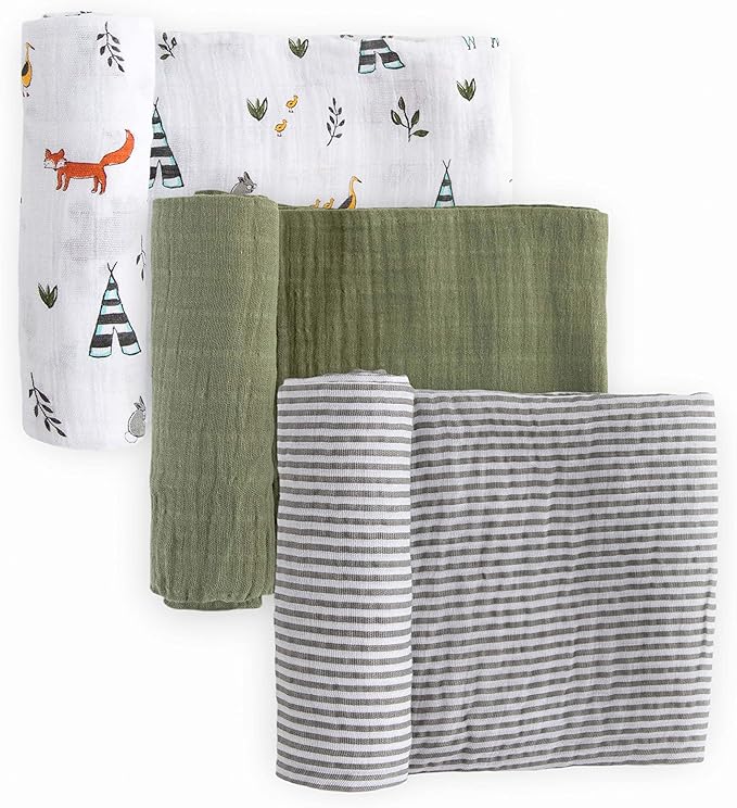 Little Unicorn Premium Muslin Swaddle Blanket 3 Pack | for swaddling, Play, Nursing & More | Giftable Set of 3 (Forest Friends 2)