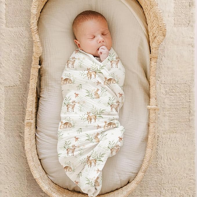 Konssy 2 Pack Muslin Swaddle Blankets, 100% Cotton Receiving Blanket Large 47 x 47 inches for Baby Boys Girls, Soft Breathable Muslin Baby Blanket for Newborn (Woodland,Sage)