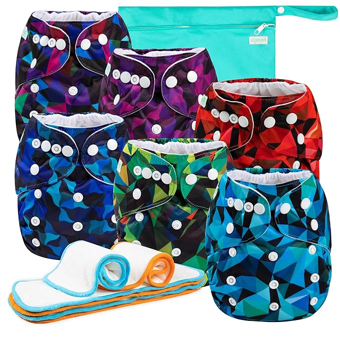 Wegreeco Cloth Diapers 6 Pack with Inserts & Wet Bag, Washable Reusable Diapers for Babies, One Size Adjustable (Abstract Geometrical)
