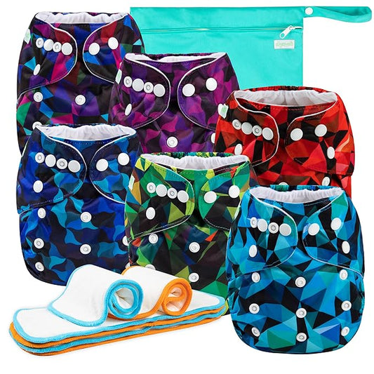 Wegreeco Cloth Diapers 6 Pack with Inserts & Wet Bag, Washable Reusable Diapers for Babies, One Size Adjustable (Abstract Geometrical)