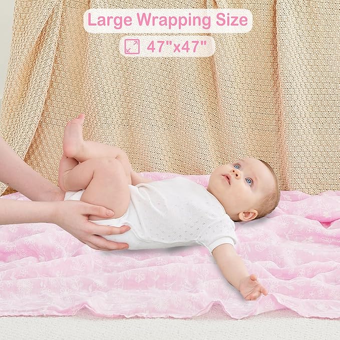 Viviland Muslin Swaddle Blankets, Swaddle Wrap for Boys and Girls, Breathable and Skin-Friendly Baby Receiving Blankets, Baby Essentials, 4-Pack Flowers & Heart, 47 x 47 inches