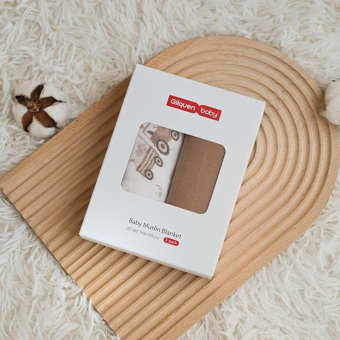 GLLQUEN BABY Muslin Swaddle Blankets Breathable Receiving Blankets (35" x 40") 2-Pack Soft Baby Blankets for Girls and Boys Newborn Essentials Muslin Burp Cloths Swaddle Wrap Baby Gift(Barn Prelude)