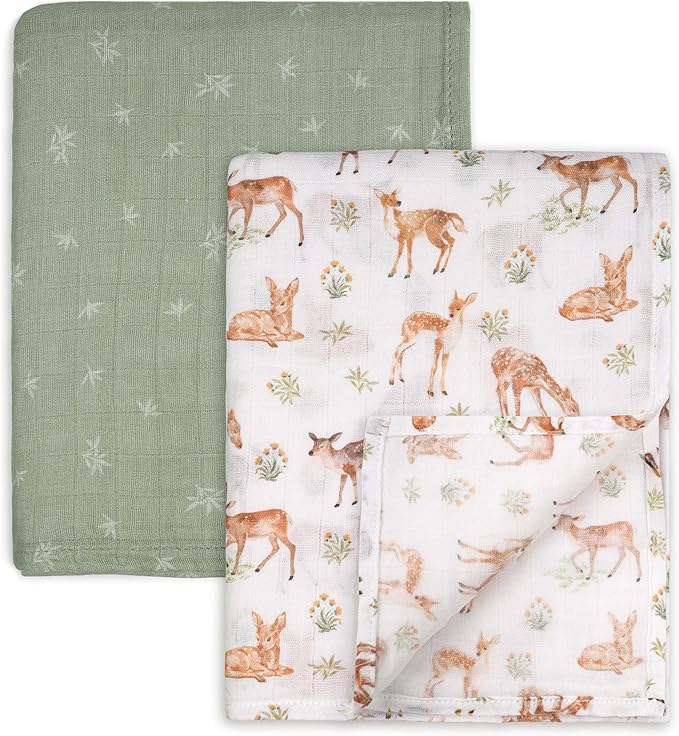GLLQUEN BABY Muslin Swaddle Blankets Breathable Receiving Blankets (35" x 40") 2-Pack Soft Baby Blankets for Girls and Boys Newborn Essentials Muslin Burp Cloths Swaddle Wrap Baby Gift(Deerling)