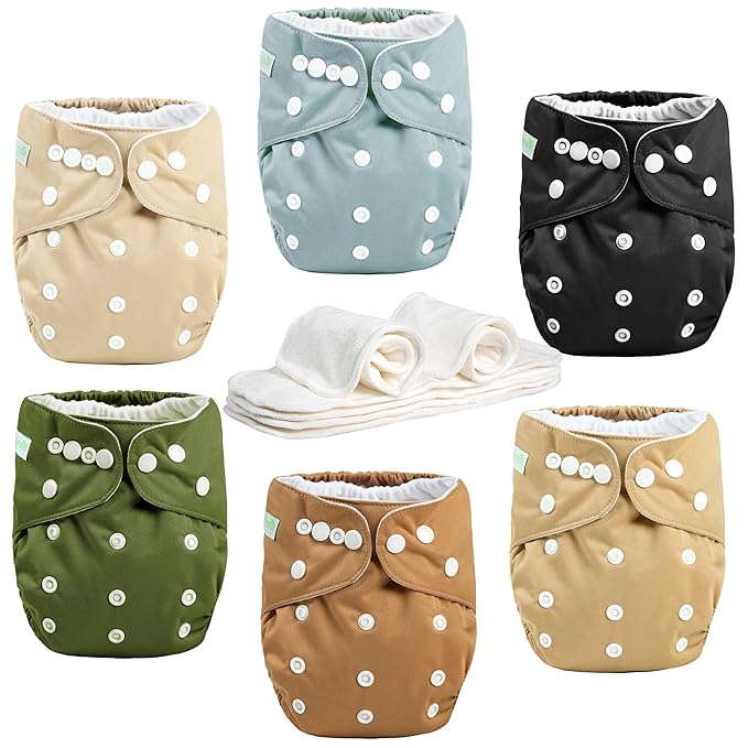wegreeco Cloth Diapers 6 Pack with 6 Inserts & 1 Wet Bag, Washable Cloth Diapers for Babies, One Size Adjustable Reusable (Warm Colour)