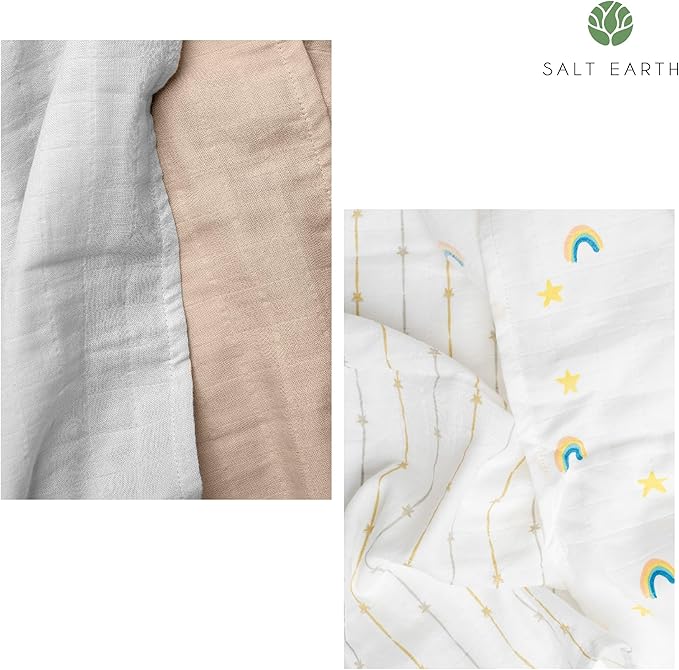 Salt Earth GOTS Certified 100% Organic Cotton 2-Layered Swaddle Baby Blanket, 4 Pack, 47"x47" Receiving Blankets for Swaddling, Wrap for Boy & Girl, Newborn Baby Essentials, Registry(Solids & Rainbow)