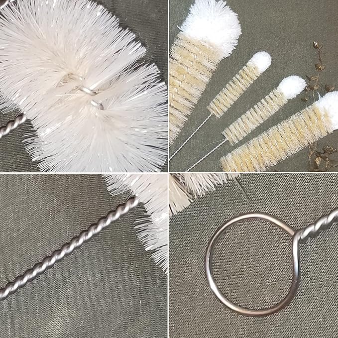 NewFerU Stainless Steel Soda Bottle Cleaning Brush Set in Natural Boar Bristle Wool Tip Long Handle, Flexible Bendable Thick Wire Cleaner for Narrow Neck Water Baby Bottles Straw Pipe Tube Flask (5)